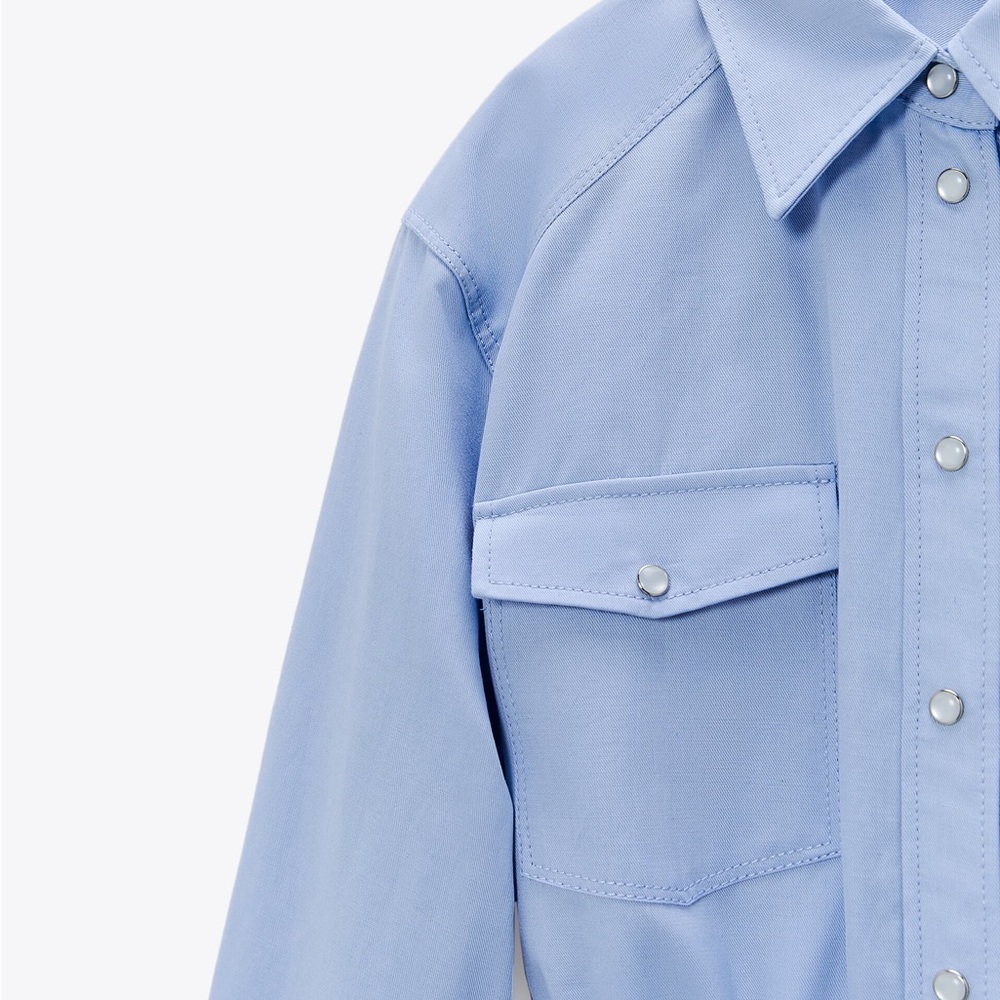 ZARA BLOGGER FAVE Light Blue Linen Blend Snap Long Sleeve Shirtdress Shirt Dress - Picture 10 of 15